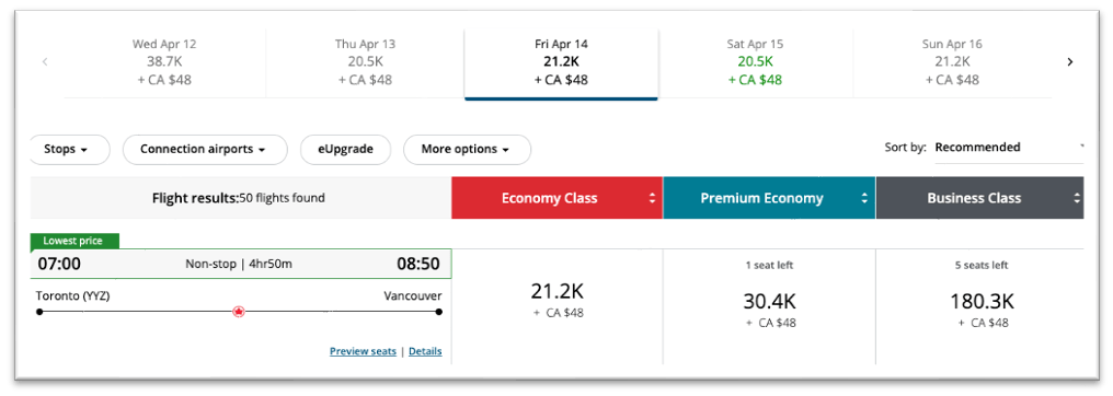 Air Canada website comparing flight prices