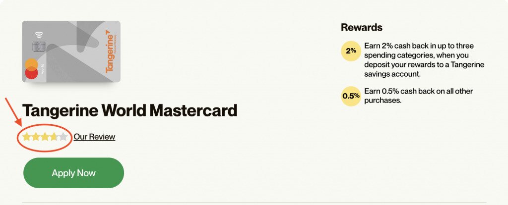 A screenshot of where to find the star rating for a credit card in a WealthRocket callout.