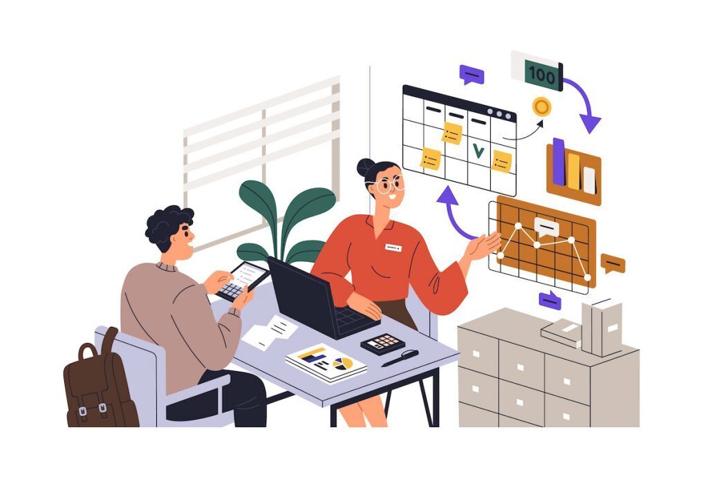 An illustrative image of a man and woman talking across a desk.